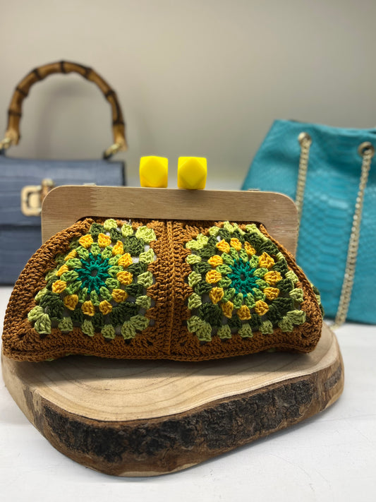 Borsa Pasticcino Uncinetto – Toni del Giallo e del Verde con Manico in Legno